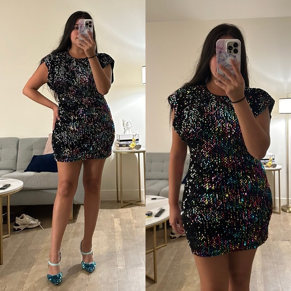 *BLACK FRIDAY SALE* Sparkle The Night Away Multicolor Sequin Velvet Mini Dress - Picture 5 of 5